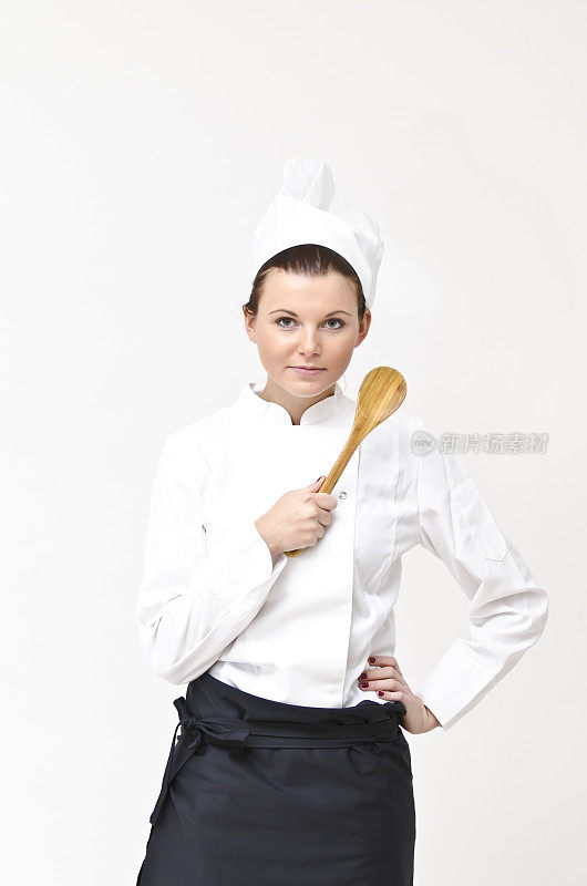 厨师、面包师或厨师手持烹饪勺