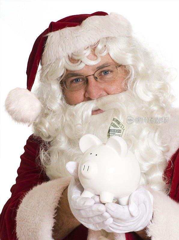 圣诞老人拿着白色的存钱罐，上面还插着现金。
