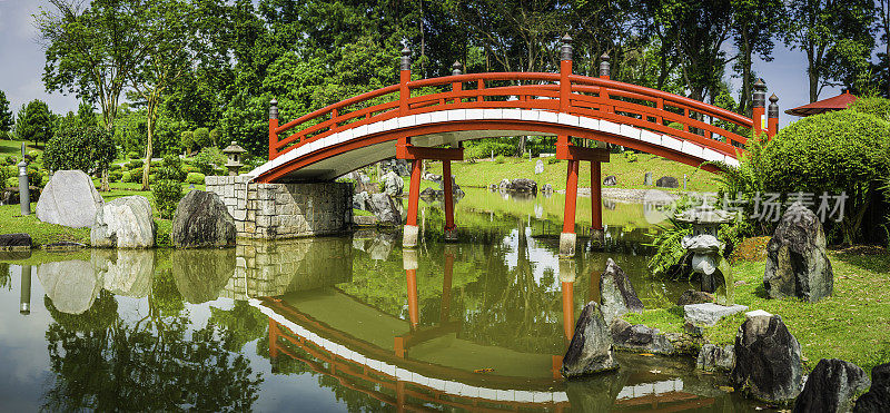 新加坡日本花园公园上的红木桥