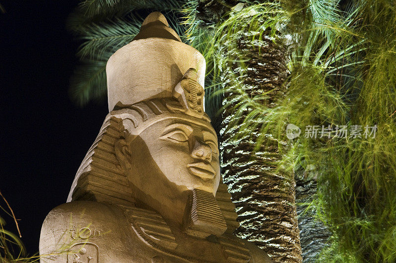 晚上有棕榈树的埃及雕像