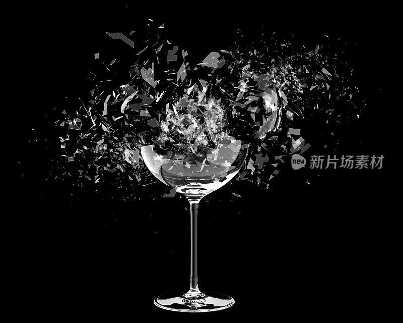 破碎的酒杯在黑色上的3d渲染