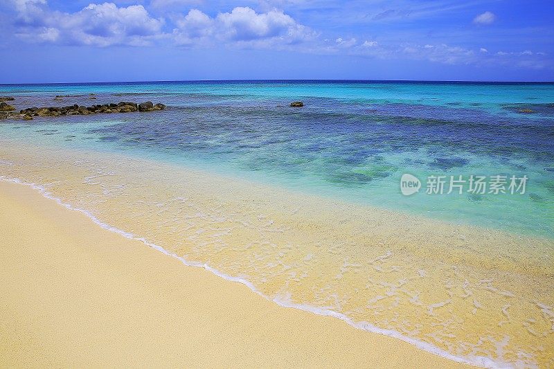 田园诗般的热带海滩与白沙在岚-阿鲁巴-阳光明媚的夏天天堂，荷属安的列斯群岛，加勒比海蓝色的海