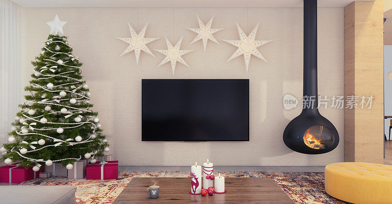 圣诞节主题用电视机装饰公寓内部