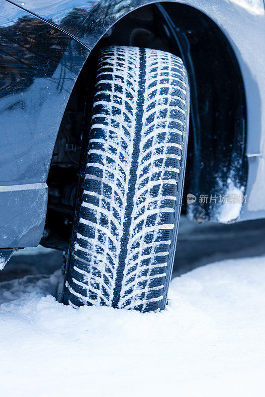 冬季轮胎。特写SUV轮胎在下雪的冬天条件。