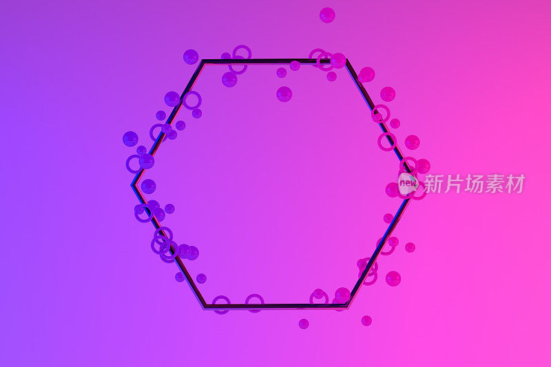 抽象空六边形框架与三维几何形状，球体，悬浮，最小设计