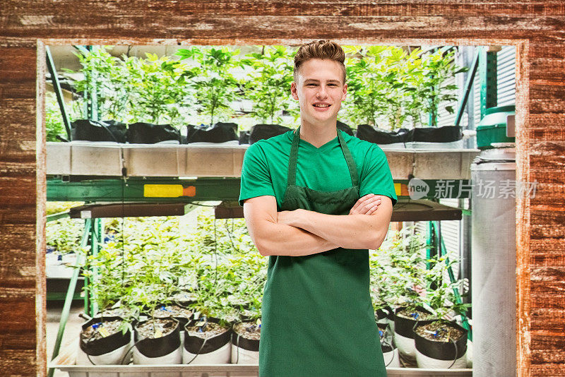 白人男性穿着t恤拿着医用大麻