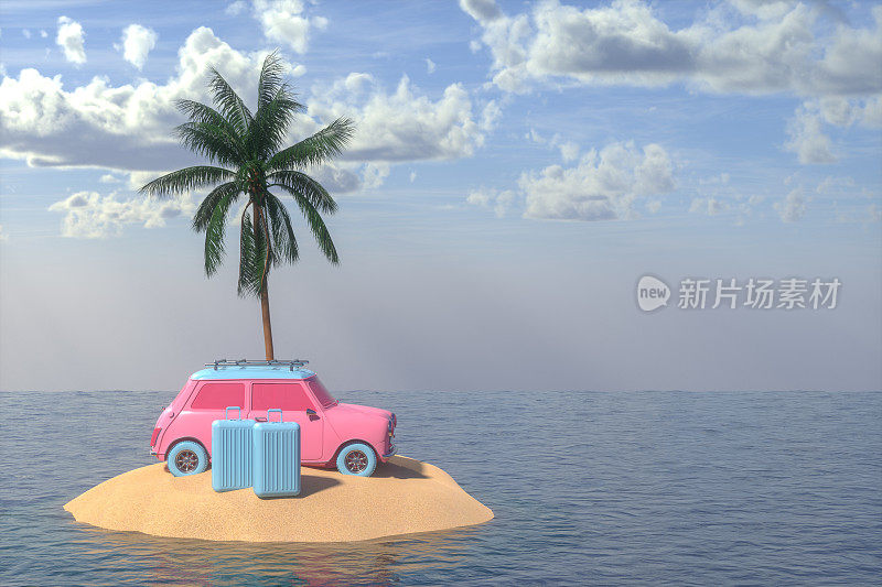 暑假自我隔离岛与棕榈树和汽车