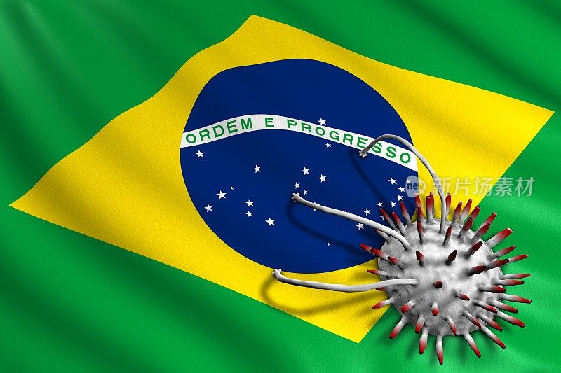 新冠病毒袭击巴西国旗。大流行性冠状病毒概念