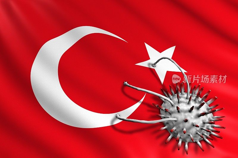 土耳其国旗被Covid-19病毒袭击。大流行性冠状病毒概念