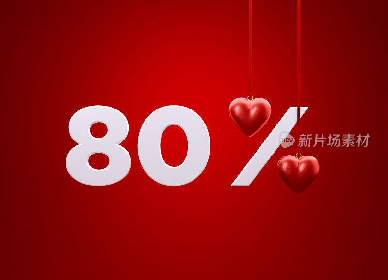 80%差-红色的心形成一个百分比的标志，坐在旁边的数字80红色的背景