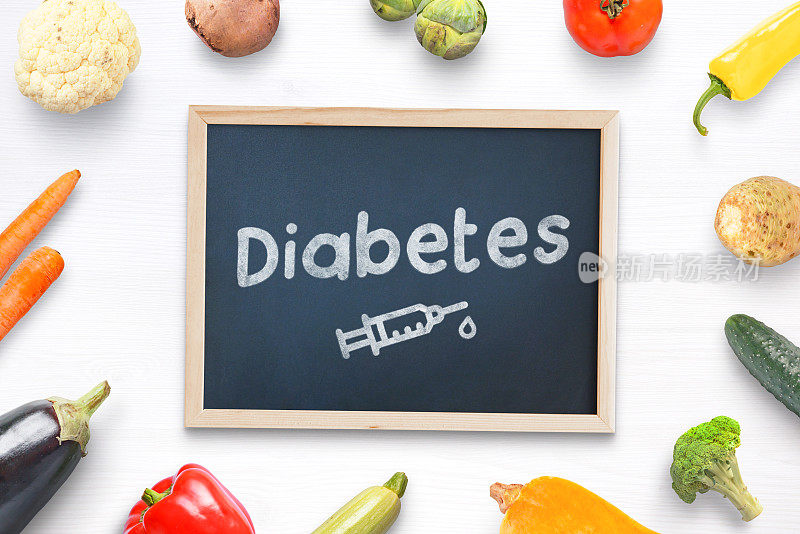 糖尿病概念构图，中间用黑板配文字和胰岛素注射画，周围环绕着健康食品、蔬菜