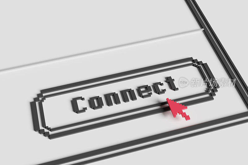 像素鼠标指针和复古电脑操作系统对话框显示一个连接按钮。在线视频通话、会议和会议概念的说明