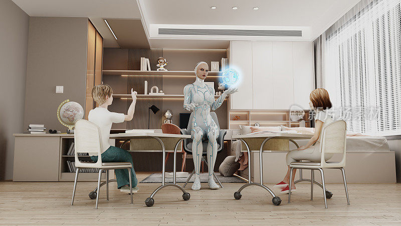 女性人形机器人在教室里教孩子们。高科技机器人和家庭教育的概念
