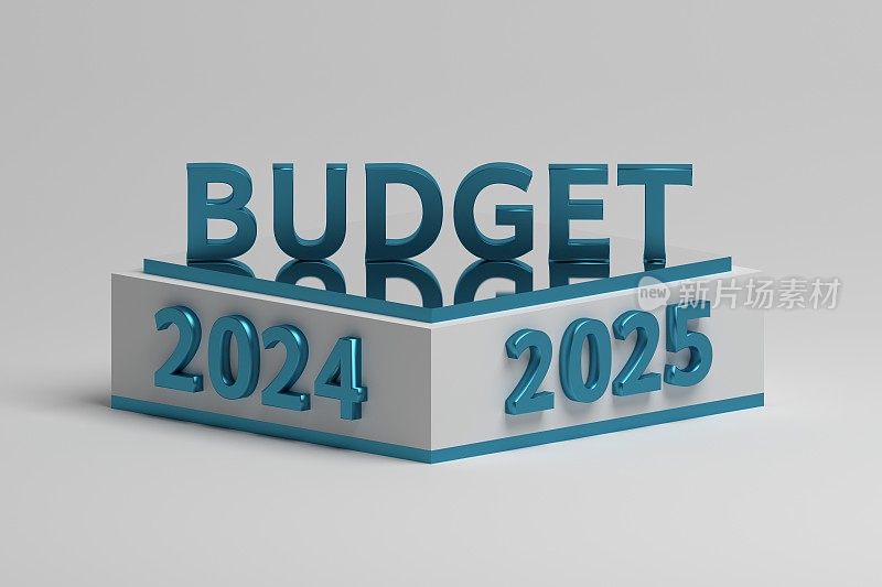 商业财务规划插图与底座，大预算词和年2024年和2025年的数字