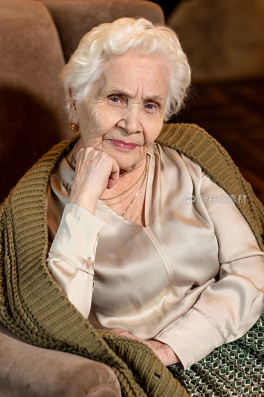老年妇女祖母的肖像与灰色的头发在圣诞节冬季时间坐在沙发与壁炉在舒适的家。老年和家庭时间的概念，亲戚和共同的晚餐。除夕。垂直