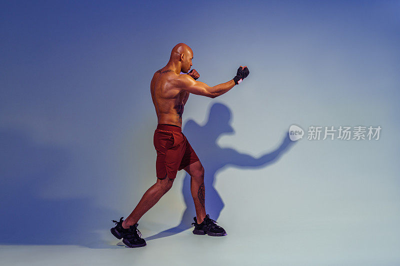 专业的自由搏击运动员是训练和练习打拳工作室背景与阴影