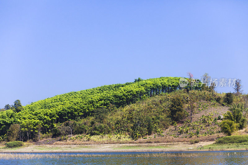 北碧府Songkhla的Songaria河和湖上有植物的小山