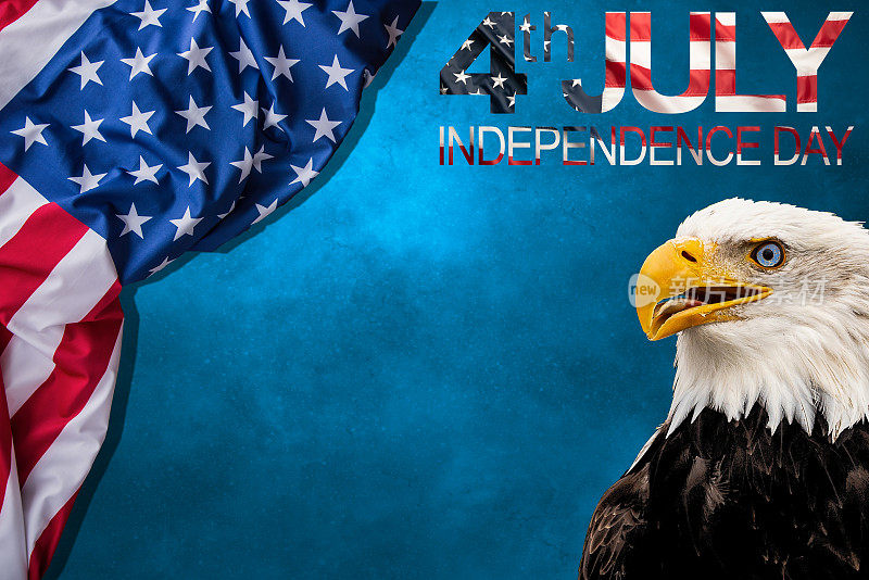 这幅油画描绘的是一只雄壮的白头鹰，它的脸上插着美国国旗，背景是一张模糊的、饱受战争折磨的美国国旗照片。“7月4日独立日”的纹理。