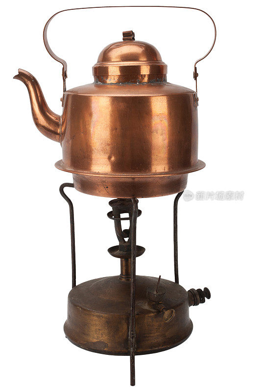 复古复古的青铜primus炉与铜茶壶。