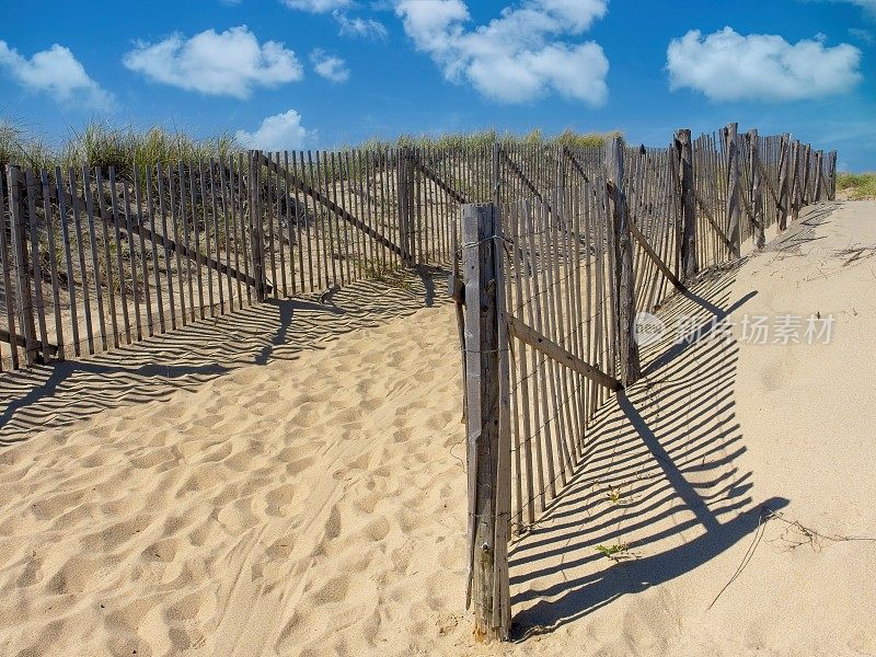 在科德角国家海岸，沙丘沙栅栏控制沙子从人行道到海滩的流动