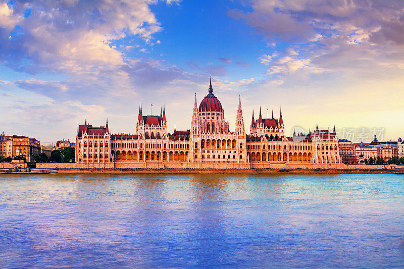 日落时的城市景观——布达佩斯历史中心的匈牙利议会大厦