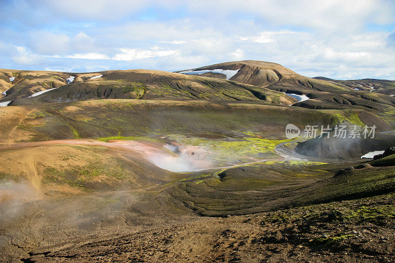 冰岛Laugevegur步道起点的Landmannalaugar周围起伏的、色彩斑斓的山脉