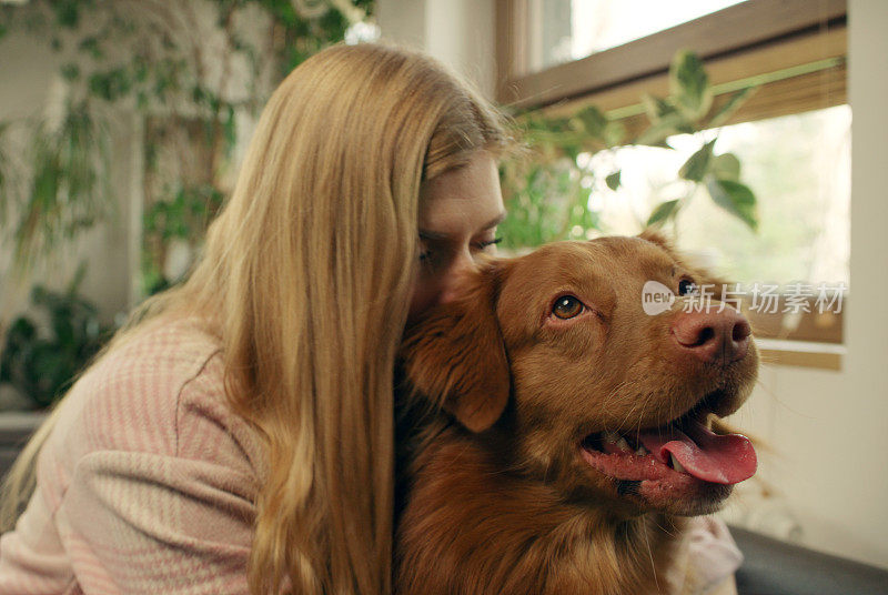 一位女士和心爱的宠物狗新斯科舍省鸭鸣猎犬一起躺在沙发上，愉快地抚摸着它