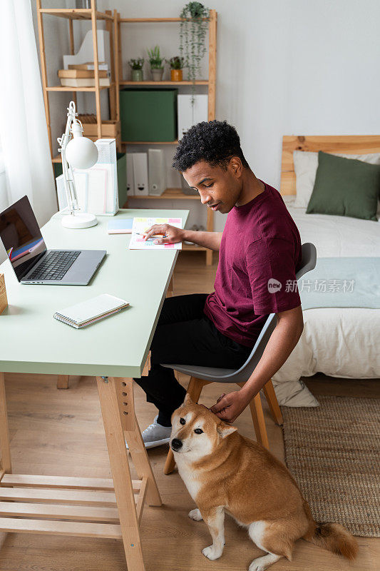 在家和柴犬一起放松的男人