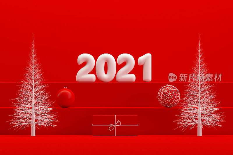 圣诞2021新年概念，红色背景，楼梯站讲台