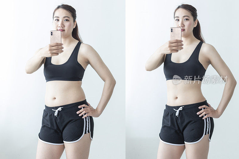 东方女性拿着手机拍照对比减肥前后的体型