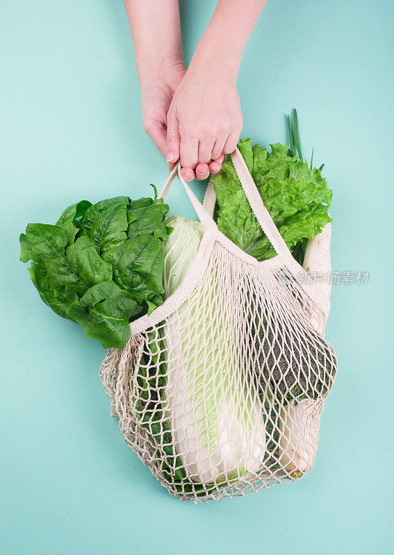 蔬菜类，菠菜叶、生菜、大葱、萝卜、卷心菜等，用绳子编成购物袋供食用。“零浪费”