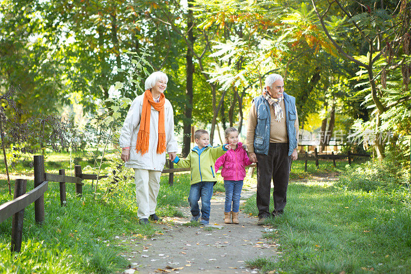 祖父母带着孙子孙女在公园散步。