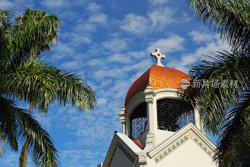 哥伦比亚麦德林，一座棕榈树环绕的教堂