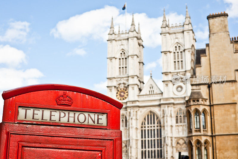 伦敦地标，红色电话亭和威斯敏斯特大教堂