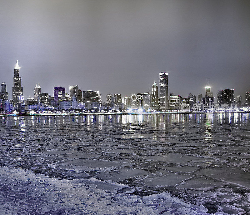 芝加哥冬天冰冷的天际线城市