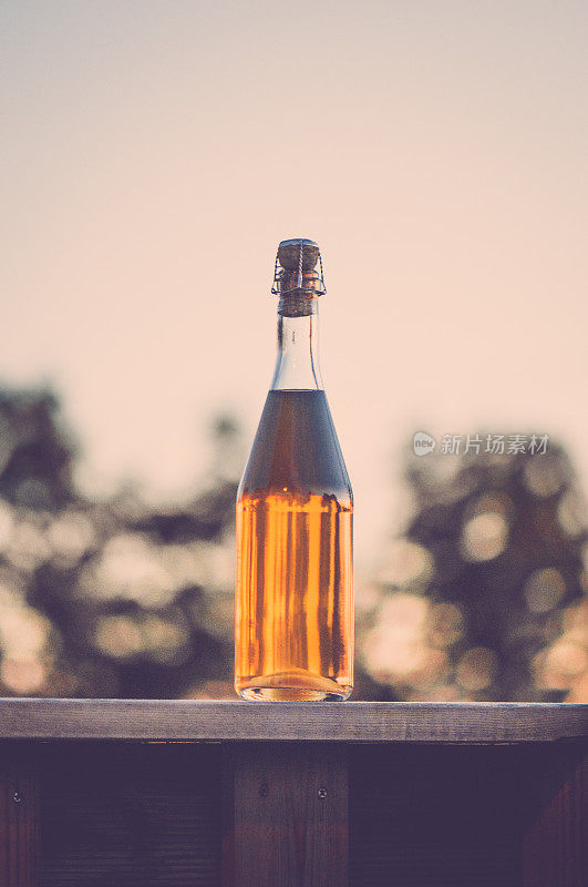 一瓶有机苹果酒，在傍晚的光线下