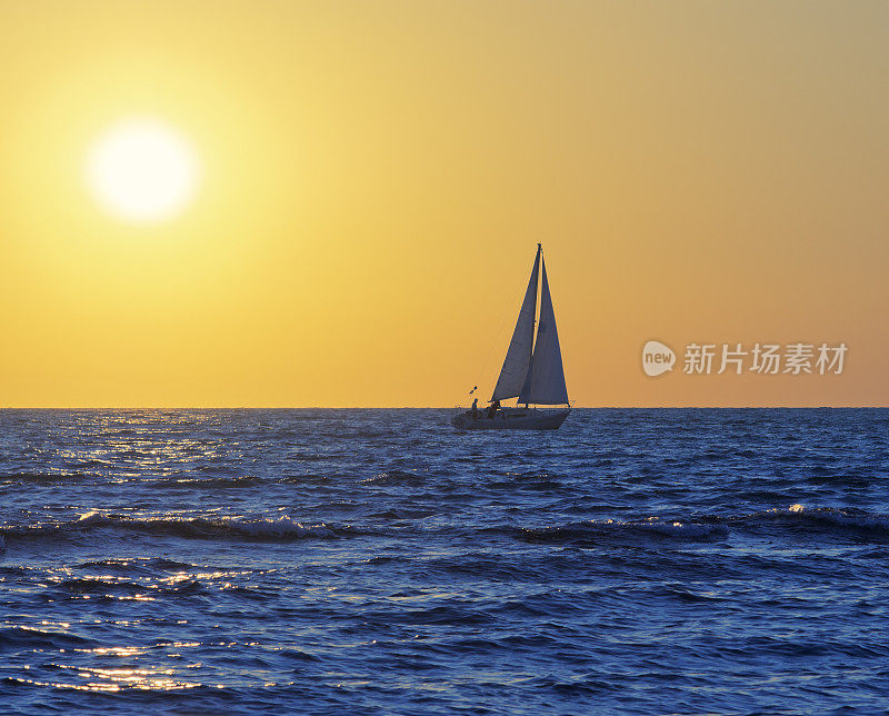 帆船，大海，地平线，日落