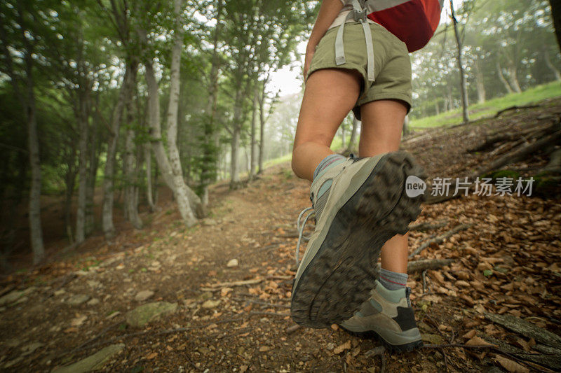 一个徒步旅行者的腿在山路上的特写镜头