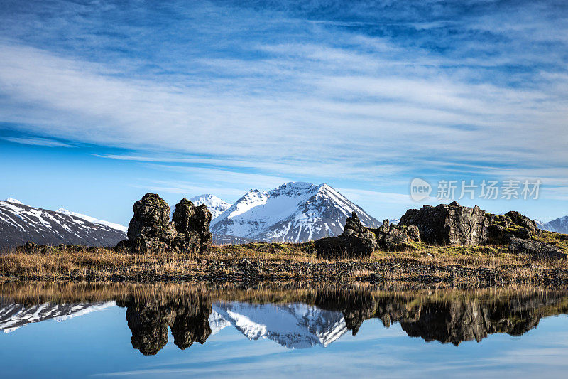 冰岛的景观倒影在泻湖上