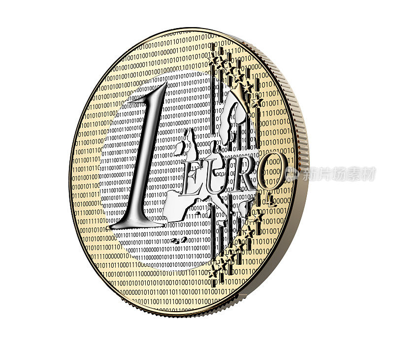 数字欧元硬币与二进制代码隔离在白色