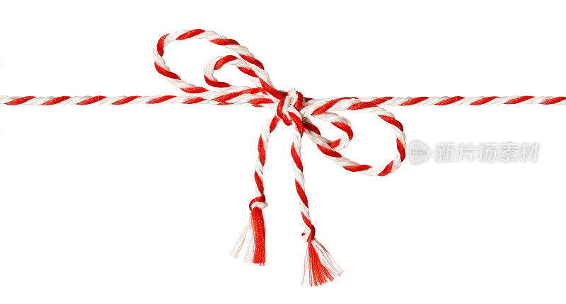 白色红绳弓，缠绕丝带和结白色孤立