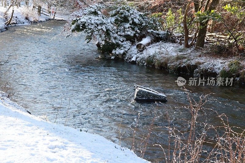 河流，河岸和树木在冬天