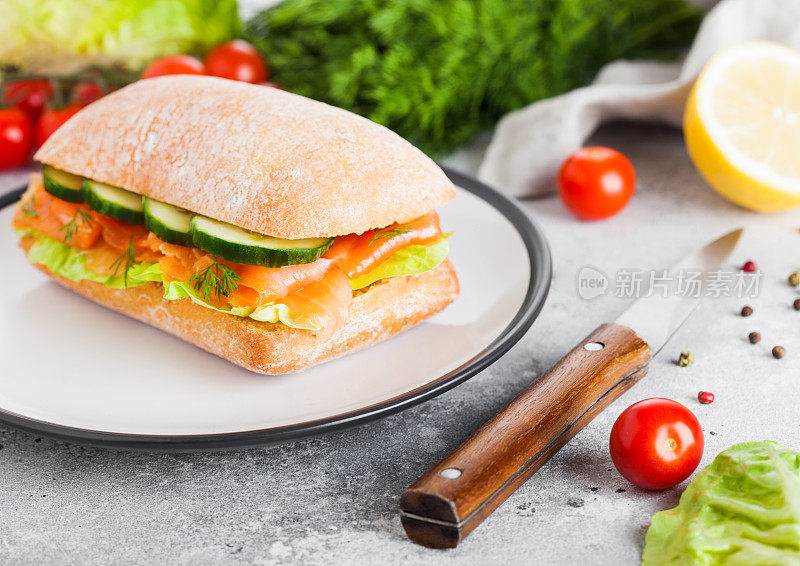 新鲜健康的三文鱼三明治与生菜和黄瓜的盘子在白色的石头背景。早餐吃零食。新鲜番茄，莳萝和柠檬。