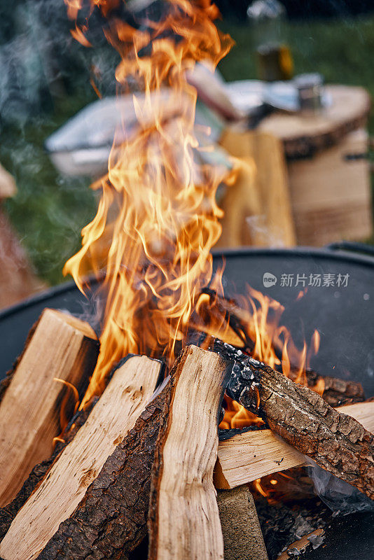 在露天篝火上准备烹饪的鱼