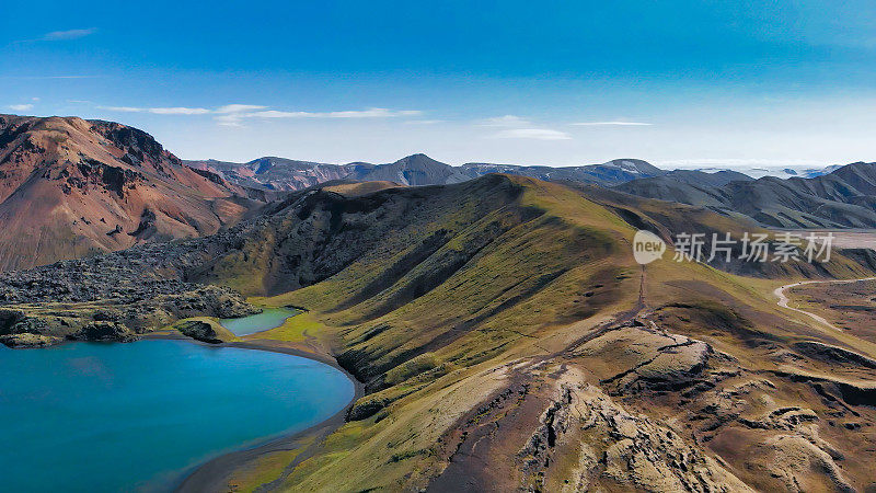 湖泊和山脉的Landmannalaugar景观在夏季，鸟瞰图-冰岛-欧洲