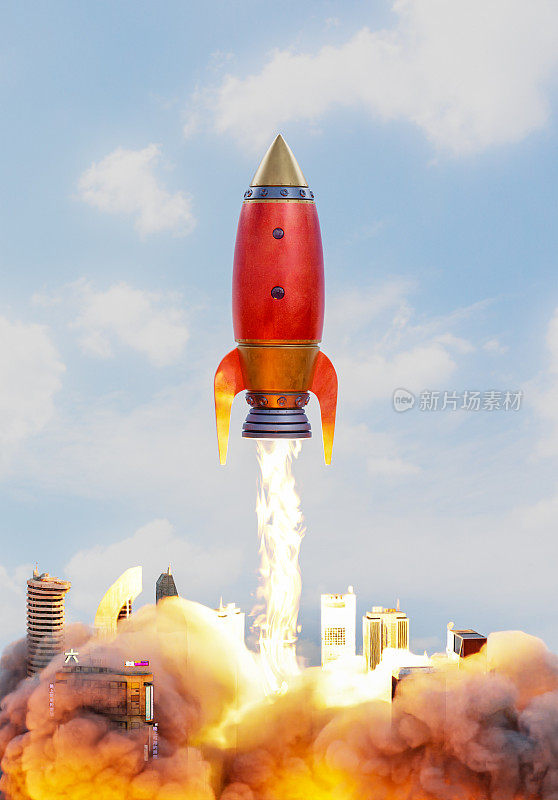 火箭在城市上空发射的3D插图