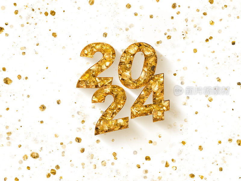 闪闪发光的新年:两行字2024，旁边是金色的小颗粒