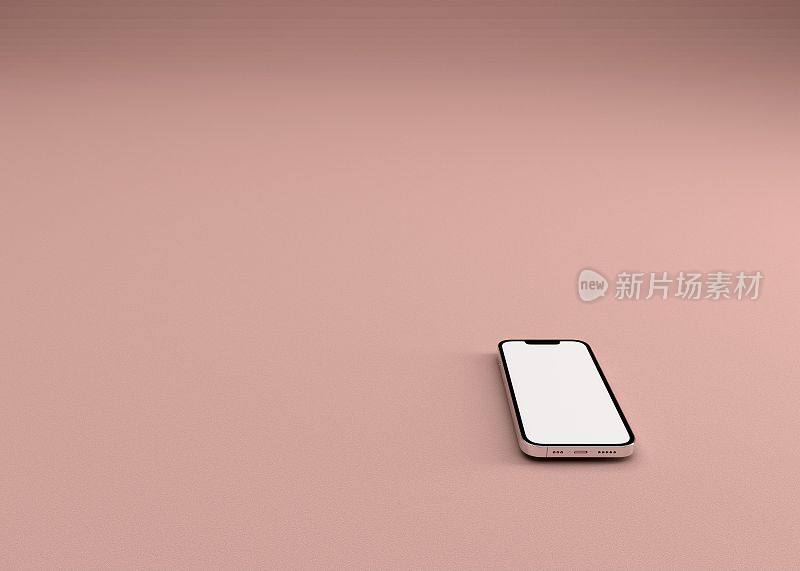 一款智能手机的3D渲染，粉色背景上的白色屏幕模型。