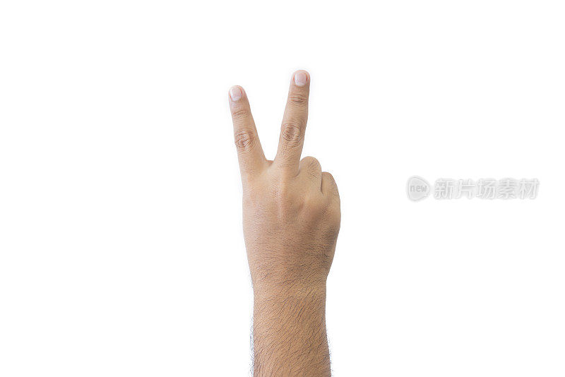特写男人的手背。张开的手，显示两个手指的意思是第二个，在问候中延伸复制空间孤立的白色背景。文本空间。