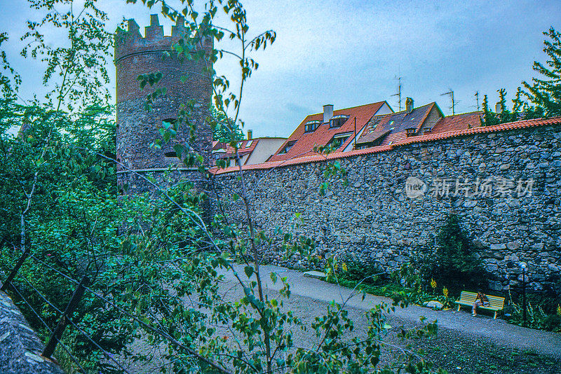 1989年旧正片扫描，街景，堡垒塔和墙，拉文斯堡，德国